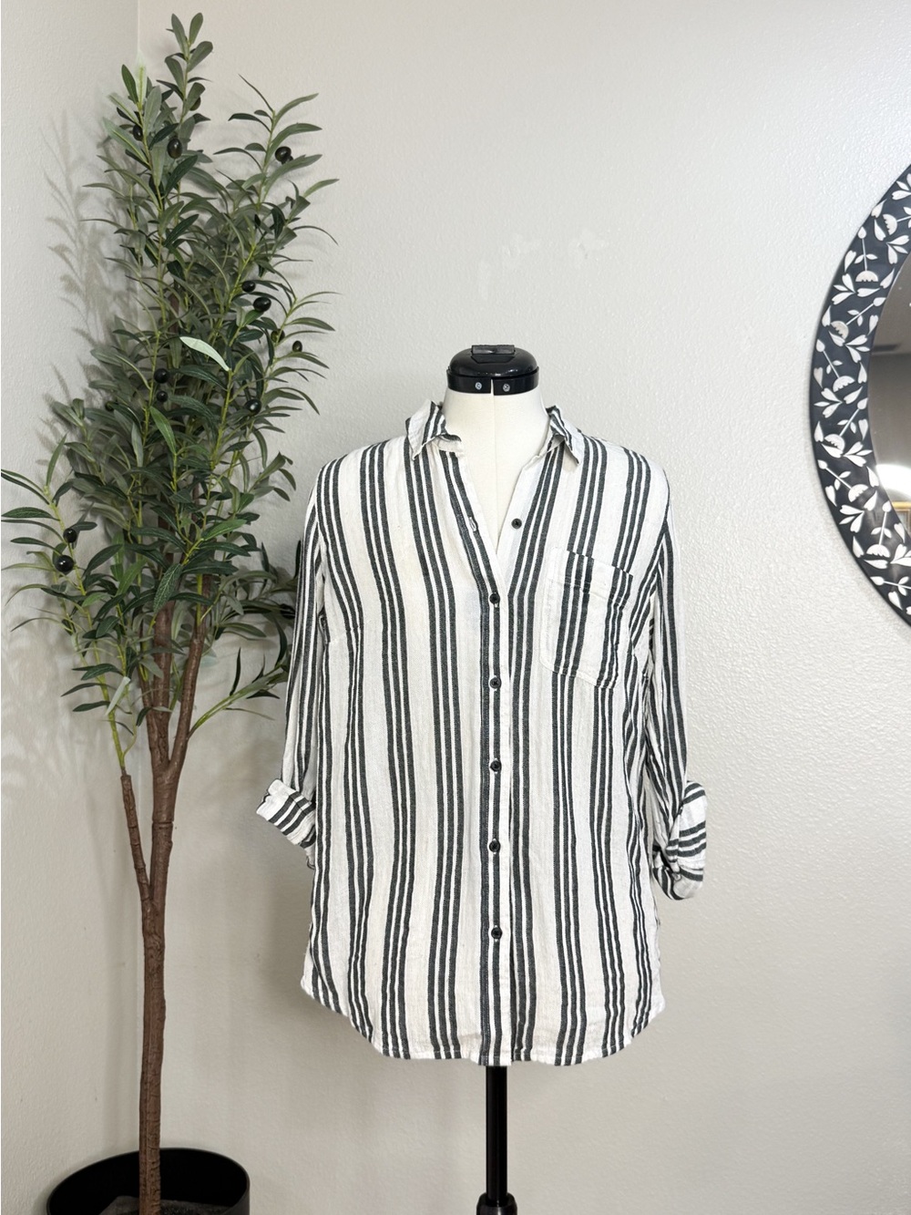 Lucky Brand Black & White Striped Button-Front Women's Shirt Cotton Viscose
